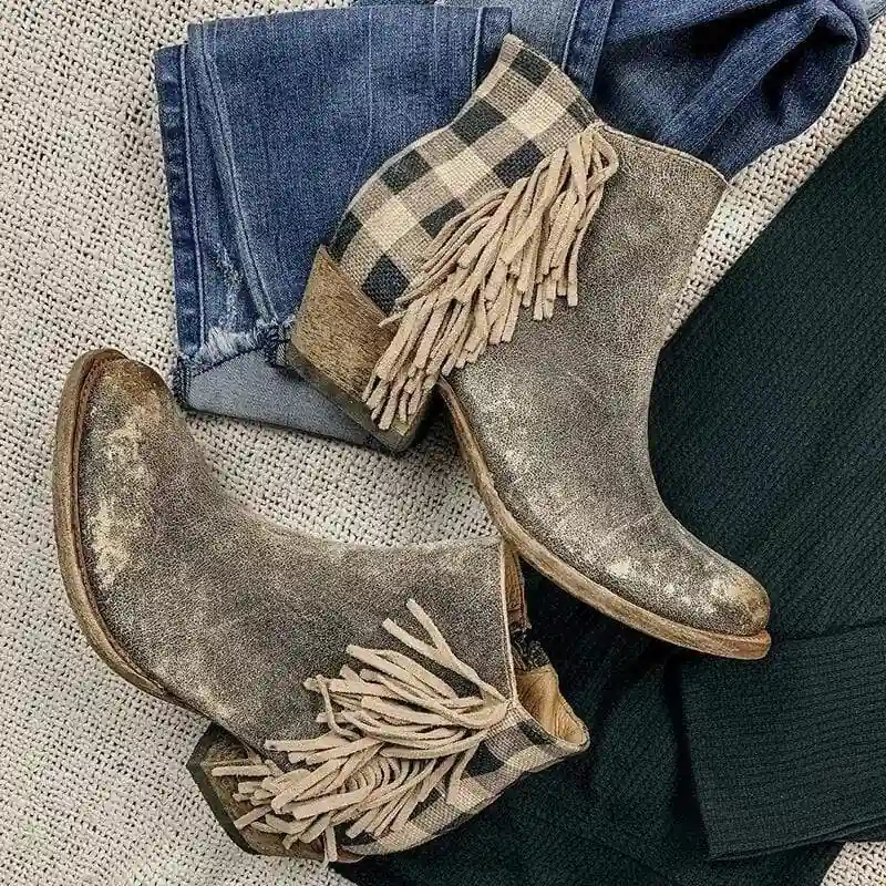 Boho Fringed Boots with Gingham Print - Image 3