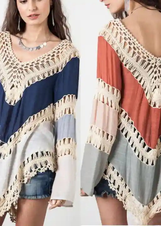 Boho long tunic patchwork asymmetric, flared sleeves - Image 4
