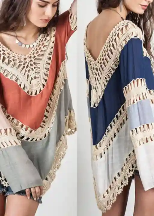 Boho long tunic patchwork asymmetric, flared sleeves - Image 5
