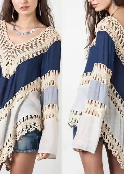 Boho long tunic patchwork asymmetric, flared sleeves - Image 6