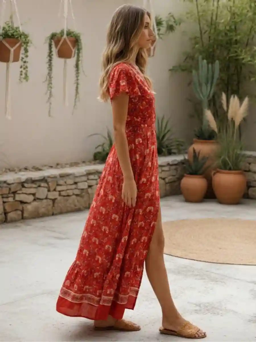 Maxi Boho Red Slit Dress - Image 3